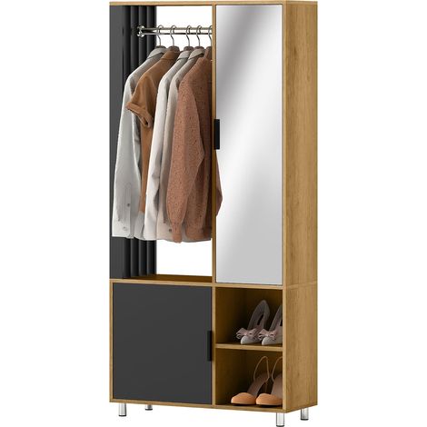 Wardrobe with Mirror, Hanging Rail, Natural Wood, Black (1/5)