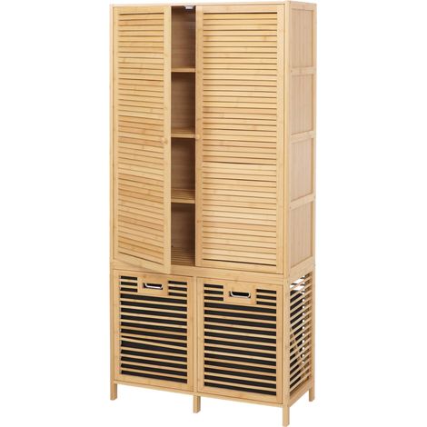 Bambus-Badezimmerschrank HHG-595, Badregal Schrank, 2 Wäschekörbe 2 Türen MVG 68x82x34cm natur, Korb anthrazit (1/5)