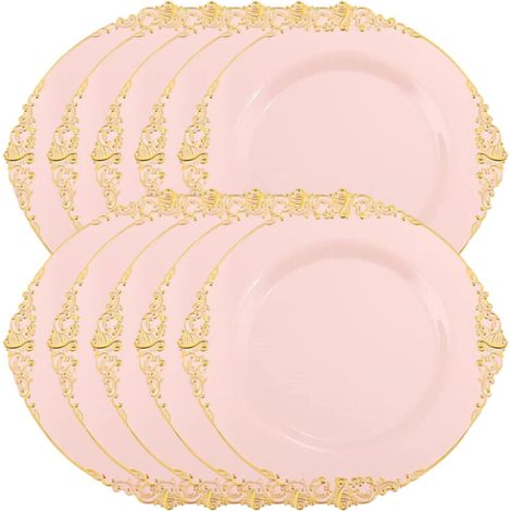 10 assiettes à salade/plats jetables rondes en plastique rose poudré de 20 cm (8 pouces) avec bordure baroque dorée en relief, pour décorations de fêtes et événements.
