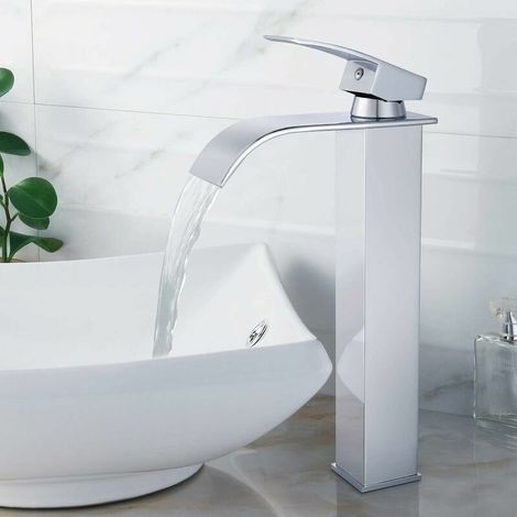 CCYKXA Bathroom Sink Faucet, Single Handle Tall Basin Mixer Tap with Waterfall Spout, Polished Chrome Plating, Faucet with Two 3/8 Hoses, Waterfall Bathroom Faucet with Ceramic Valve