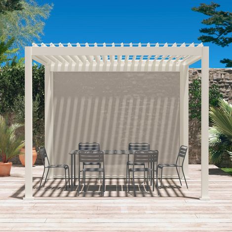 Pergola Bioclimatique beige – Triomphe – 4x3m. aluminium. à lames orientables + store 3m
