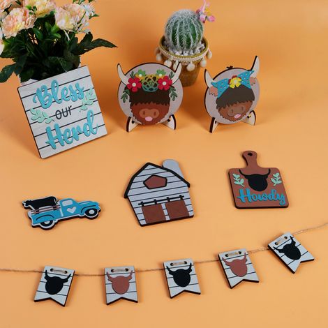 Ensemble Décoration Plateau Étagé Bois Rustique Figurine Vache Highland Signe Décoratif Maison Cadeau Anniversaire Mariage (1/5)