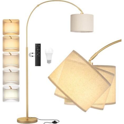 Ecleanfy-Lampadaire sur Pied Salon, LED E27 Lampe a Pied avec Télécommande, Lampadaire Arc Vintage, 3000K-6000K Intensité Variable pour Salon Chambre Bureau, Abat-jour Beige et Socle Doré, 180cm