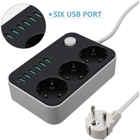 Multiprise - Chargeur Bureau - 3 Prises - 6 Ports USB - Noir (1/4)