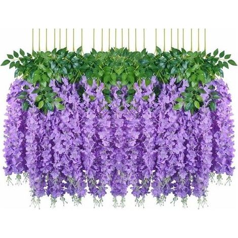 Fleurs artificielles, 24 pièces artificielles faux glycine vigne suspendus fleurs en soie décor de fête de mariage à la maison (24 pièces, 110 cm / chaque brin, violet) (1/5)