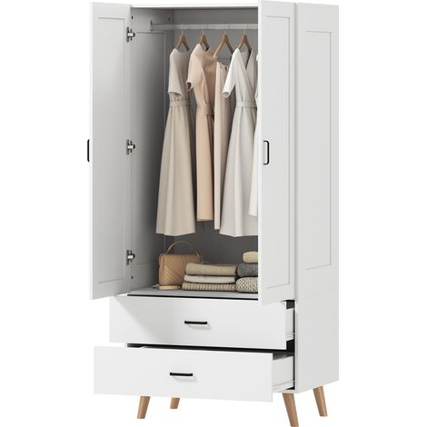 Armoire chambre penderie 2 portes à fermeture douce, 2 tiroirs et barre de suspension, 80x54x180cm, blanc (1/5)