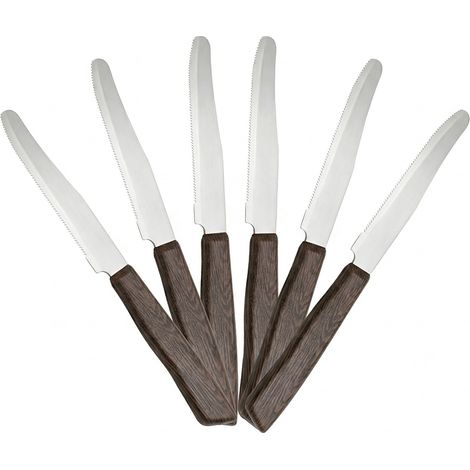 Set 6 Coltelli da Tavola Made in Italy in Acciaio Inox con Punta Arrotondata e Lama Seghettata  Manico Effetto Legno Mogano 22 cm Lavabili in Lavastoviglie e Professionali