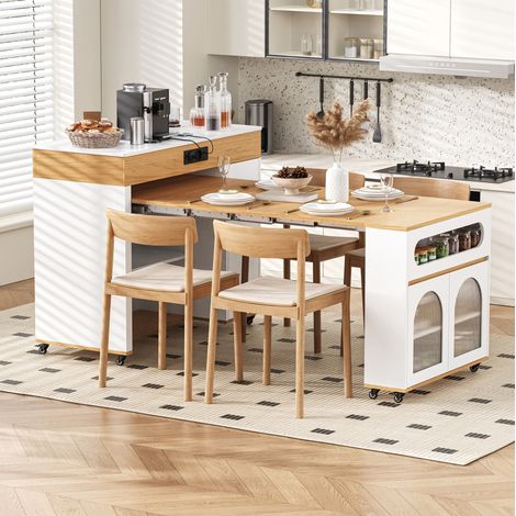 Kücheninsel mit Rollen, Ausziehtisch und Steckdosen, weißes MDF-Sideboard in Naturholzoptik (1/5)