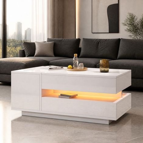Höhenverstellbarer Couchtisch 95 x 50 cm mit LED und Stauraum, weiß HAVRYA (1/5)