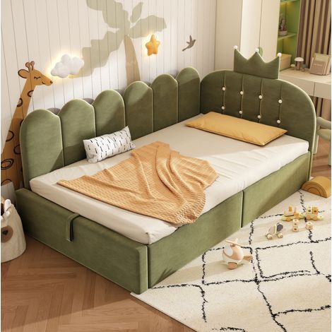 Letto daybed 90x200 cm in velluto verde con contenitore e design a corona (1/5)