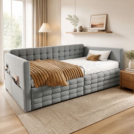 MEUBLIV Lit 90x190 cm gris clair – tête de lit capitonnée, rangements latéraux, sans matelas (1/5)