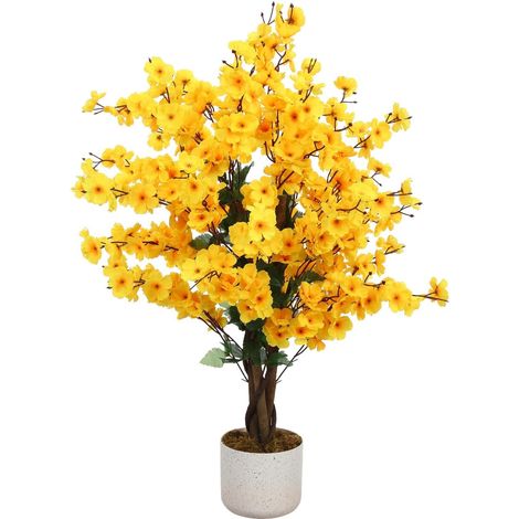 Arbre artificiel d'hiver - 90 cm - Jaune - Fleurs de prunier - Plante artificielle en pot - Chimonanthus praecox - Arbre décoratif pour salon, bureau, facile d'entretien - Décoration (1/5)