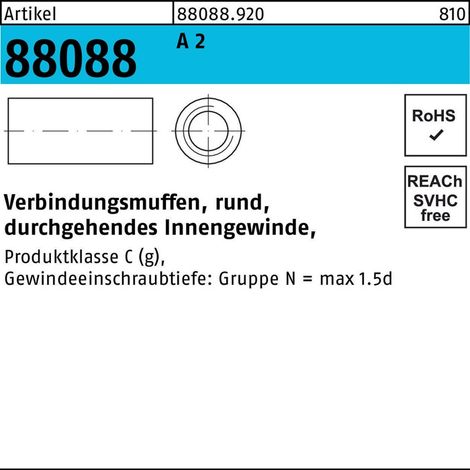 Verbindungsmuffe R 88088 rund m.IG M 12 x 30 x 15A 2 durchg. Innengew. 25 Stück (1/2)