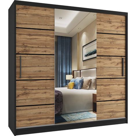 BELINI Verona MT Schiebetürenschrank 200 cm - Kleiderschrank mit Spiegel & 4 Schubladen, Schlafzimmer - Schwarz/Goldbraun Matt (1/4)