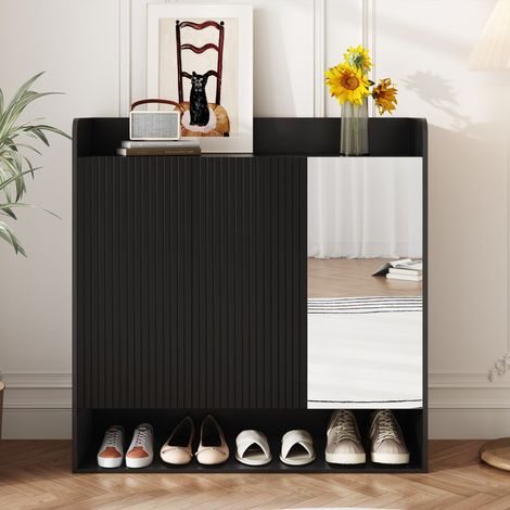 Zapatero de 110 x 35,5 x 110 cm - Estructura negra estriada con gran espejo integrado y estantes ajustables - Negro (1/5)