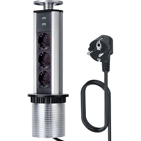 Multiprise escamotable avec 3 prises et 2 ports USB - Avec sécurité enfant et câble de 1,8 m - Complètement dans un plateau de table - Multiprise pour bureau, cuisine, atelier - Diamètre : 80 (1/5)