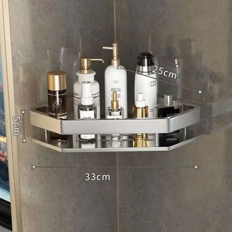 (Argent simple 1) Étagère d'angle sans perçage pour salle de bain, étagère murale de douche, support en aluminium, accessoire de rangement pour salle de bain et cuisine (1/5)