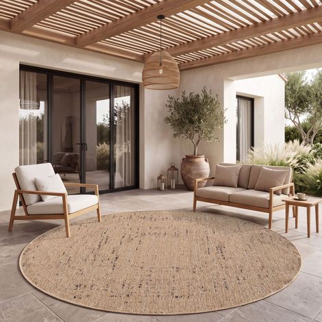 Paco Home Alfombra Cocina Exterior Terraza Jardin Boho Chic Abstract Lavar En La Lavadora Beige Marron Ocre Ø 120 cm redon (1/5)