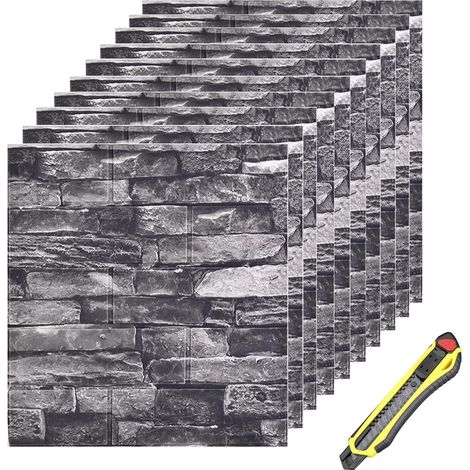 10 Pièces Papier Peint Brique 3D Panneau Mural Adhésif Papier Peint Adhesif Stickers Murale Décoradif Dalle PVC Adhesive Murale pour Salle De Bain Balcon Cuisine, 35  38.5cm (Noir) (1/5)