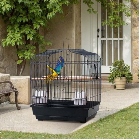 Cage de transport pour oiseaux, cage de transport en métal, cage de transport pour oiseaux avec poignée, 2 supports, 2 mangeoires et balançoire pour inséparables, calopsittes, perroquets, noir (1/5)