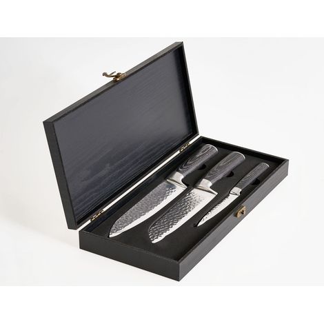 Set di 3 coltelli durezza 62 HRC acciaio inossidabile damasco marrone scuro Kashiwa