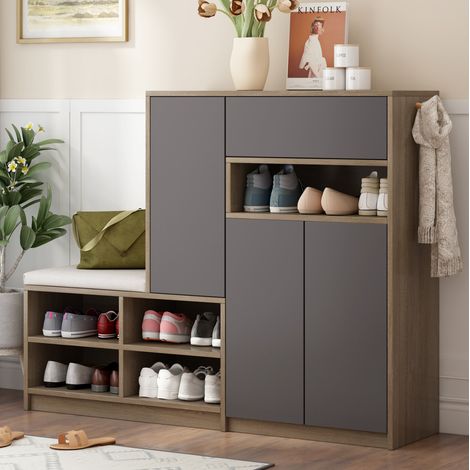 Mobile per scarpe con panca e cuscino, ripiani regolabili, 140 x 35 x 110 cm, grigio OKMYHOME (1/5)