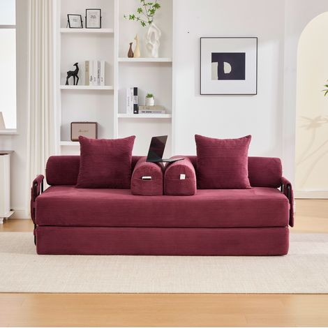 Canapé modulable en velours côtelé rouge bordeaux, 3 coussins, poche latérale et structure en métal, composition libre en angle ou 2 places, 200 x 94 x 67 cm – CHICFURN (1/5)