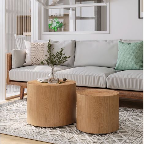 Set 2 tavolini da caffè a incastro 48x48x38/38x38x32 cm colore legno naturale in legno massello e MDF (1/5)