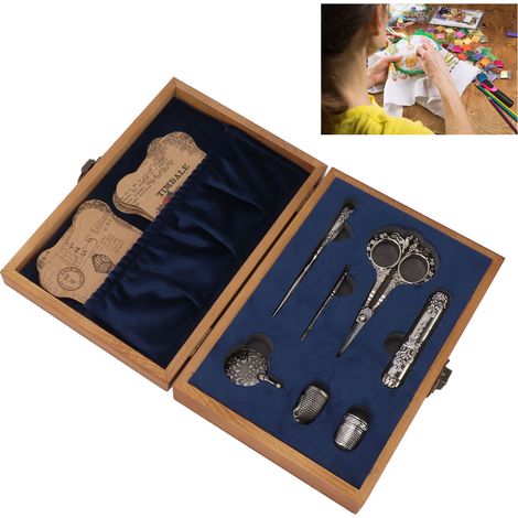 Coffre à outils de couture vintage: Ensemble de ciseaux à broder en acier inoxydable européen avec accessoires complets (aiguilles, bobines, boîte bois) pour travaux d'artisanat (1/5)