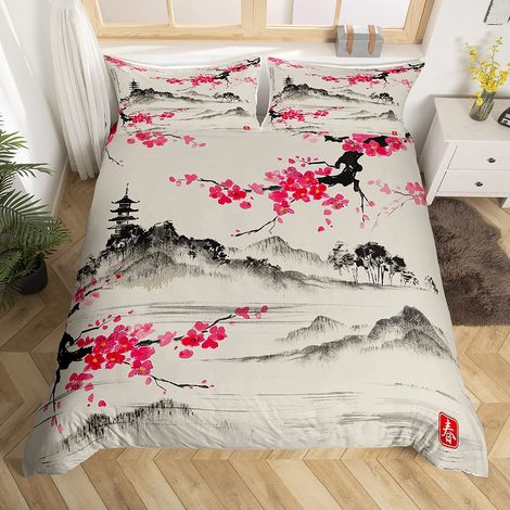 Ensemble de housse de couette de style japonais 230 x 220 cm Ukiyoe Japonais Housse de couette pour Home Salon Reversible Sakura Fleur Traditionnelle Rétro Thème Rose Décoratif (1/5)
