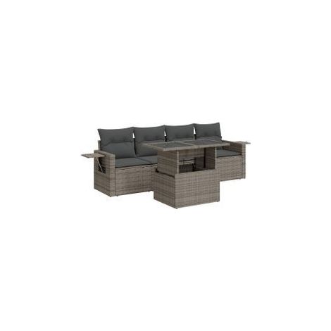 Salon de jardin 5 pcs avec coussins gris résine tressée (1/5)