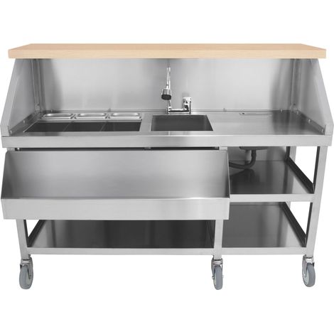 Bar à Cocktails Mobile En Acier Inoxydable Comptoir De Service Avec Roues, Bacs À Glace Isolés Étagères Évier Mitigeur Speed Rail Porte-Couteaux Tableau Blanc Agitateurs & Aimants CHRD HORECA