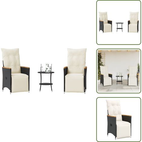 3-tlg. Bistro-Set mit Kissen Schwarz Poly Rattan - Gartenmöbel - Bistroset - Esstisch - Lounge Sessel - Outdoor Furniture (1/5)