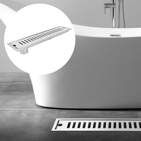 Caniveau de douche rectangulaire en acier inoxydable épais, de grande capacité et anti-odeurs, conçu pour les salles de douche d'hôtels. Largeur : 40 cm. Évacuation latérale. (1/5)