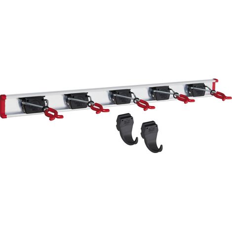 BRUNS Alu-Gerätehalter-Set, inkl. 5 Halter, 2 Haken und mit Schiene 750 mm, flexible Hakenleiste für Gartengeräte (1/5)