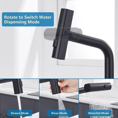 Robinet de cuisine cascade noir, mitigeur de cuisine extractible avec douchette, 3 vitesses d'eau réglables, robinet d'évier extractible en acier inoxydable rotatif à 360° (1/5)