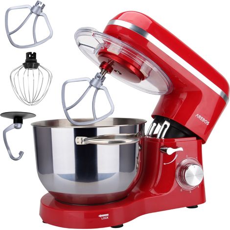 AREBOS Küchenmaschine 1500W mit 6L Edelstahl-Rührschüssel Rot inkl. Rührhaken, Knethaken, Schneebesen Spritzschutz 6 Geschwindigkeiten Knetmaschine Teigmaschine