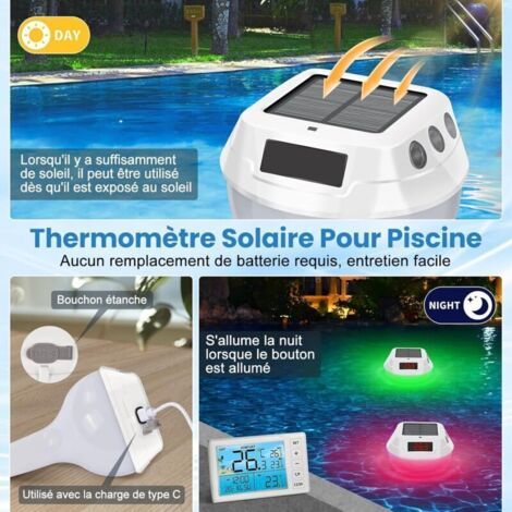 Thermometre Piscine , Thermomètre Piscine Solaire Lumineux avec Affichage et Corde , Thermomètre Piscine pour Piscines , Bassins et Aquariums (1/3)