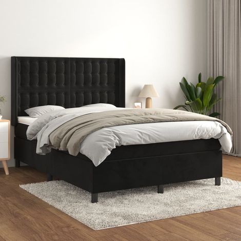 Lit adulte Durable,Lit à sommier Tapissier + Matelas Noir 140x190 cm Velours -25276 (1/5)