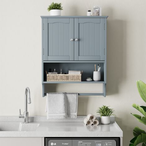 Armoire Murale de Salle de Bain avec Porte-Serviettes - 2 Portes et Étagères Ouvertes, Rangement pour Toilette et Médicaments (Meuble Suspendu Gain de Place) (1/5)