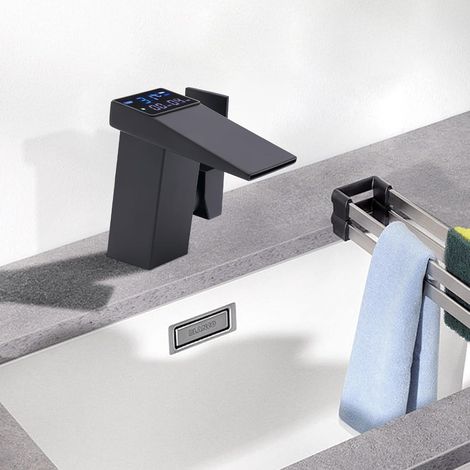 Waschtischarmatur, Hoch Wasserfall Waschtischarmatur, mit LED-Temperaturanzeige Badarmatur, Einhebelmischer Mischbatterie für Waschbecken im Bad, Küchenspüle Schwarz (1/5)