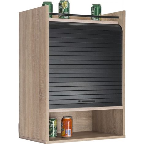 Meuble de rangement haut à rideau 3 niches chêne naturel et noir Lohan 54cm (1/4)