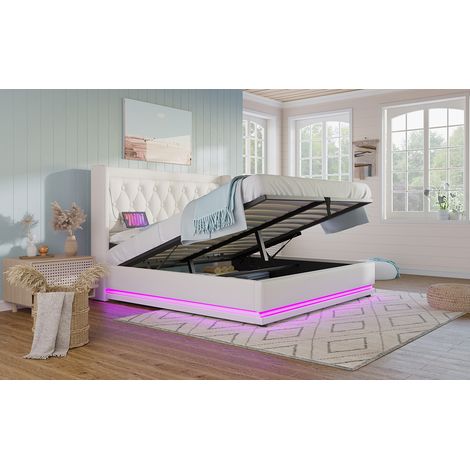 Letto con contenitore in PU bianco 140x200 cm con LED, USB-C e materasso incluso (1/5)