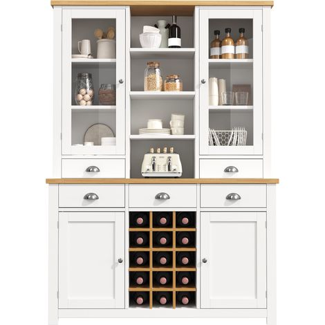Armoire haute multifonction pour la maison avec dispositif anti-basculement, meuble colonne pour cuisine et salon avec porte vitrée, poignées métalliques et fermeture douce, casier à vin amovible, bla