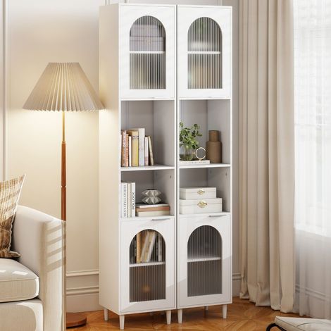 Armoire de Rangement Haute pour Salle de Bain Organisateur Étroit avec 2 Portes en Verre Cannele Armoire Fine Autoportante Blanc (1/3)