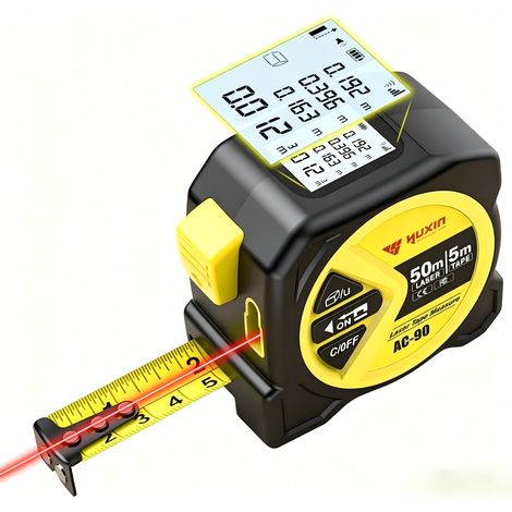 Télémètre Laser - 50 M - Ruban De Mesure En Acier 5 M - Calcul Automatique Longueur Surface Volume Pythagore - Écran LCD - Crochet Magnétique - Charge USB-C