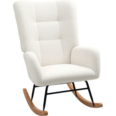 Poltrona a dondolo rivestita in tessuto teddy bianco crema con braccioli e base in legno (1/5)