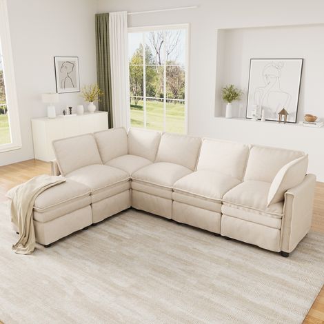 canapé panoramique convertible 6 places,canapé-lit XXL modulaire en U ou L,repose-pieds mobile,double coussinage confortable,design à passepoil moderne,revêtement en chenille,coloris beige (1/5)