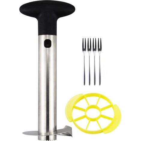 Cortador y descorazonador de piña de acero inoxidable con triple refuerzo: descorazonador de piña fácil de usar con cuchilla más gruesa (pelador + cortador de piña + 4 tenedores para fruta). (1/5)