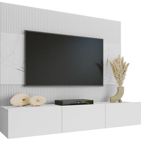 Mobilier1 – Ensemble de meubles de salon Comfivo 370 – Blanc et marbre blanc – Stratifié avec système push to open – Dimensions 150x180x38 cm